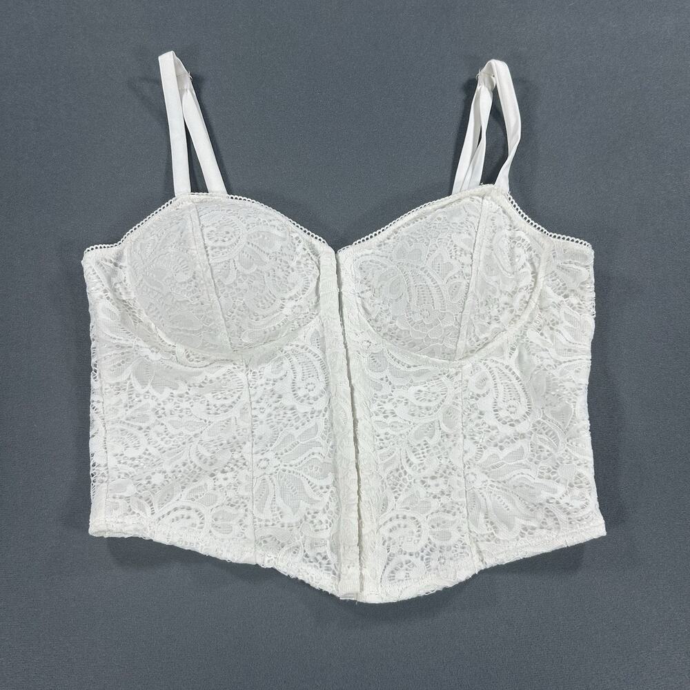 Moa Moa Size Large White Bustier Corset Hook Eye Tank Top Coquette Lace Mesh